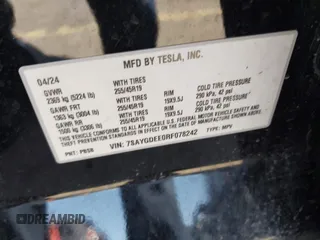 2024 Tesla Model Y Long Range z VIN 7SAYGDEE0RF078242, wystawiony jako IAAI lot #41808826 z przebiegiem 59 581 mil mil oraz . Historia ofert i sprzedaży dostępna na DreamBid. Obrazek 9.