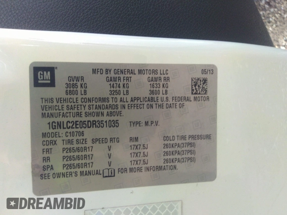 2013 Chevrolet Tahoe Commercial with VIN 1GNLC2E05DR351035, listed as a IAAI auction lot 42641974 with 265,608 mi miles and . Bid and sale history available at DreamBid. Image 9.