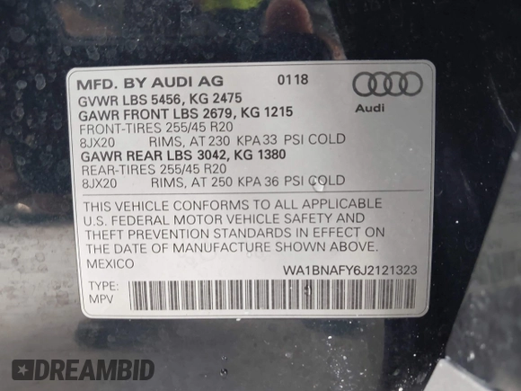 2018 Audi Q5 Premium Plus with VIN WA1BNAFY6J2121323, listed as a IAAI auction lot 42716479 with 114,173 mi miles and . Bid and sale history available at DreamBid. Image 9.