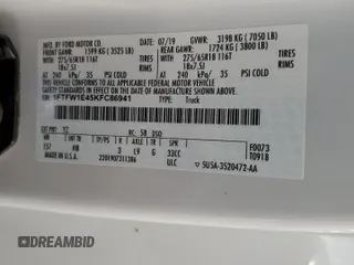 2019 Ford F-150 XL with VIN 1FTFW1E45KFC86941, listed as a Copart auction lot 57488365 with 87,241 mi miles and Salvage title. Bid and sale history available at DreamBid. Image 12.