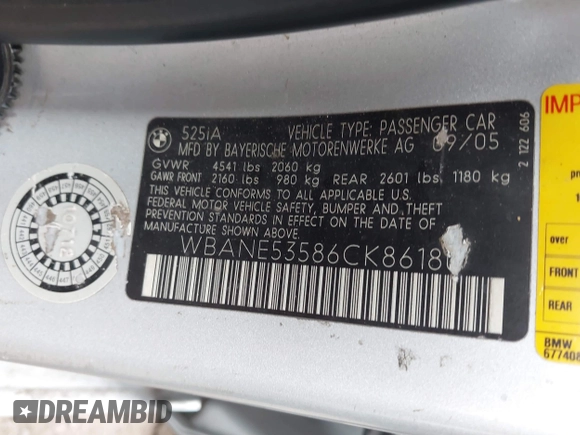 2006 BMW 5 Series 525i with VIN WBANE53586CK86180, listed as a IAAI auction lot 42034983 with 204,681 mi miles and . Bid and sale history available at DreamBid. Image 9.