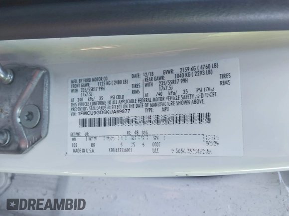 2019 Ford Escape SE with VIN 1FMCU9GD6KUA69877, listed as a IAAI auction lot 41826062 with 41,083 mi miles. Bid and sale history available at carsss.com. Image 9.