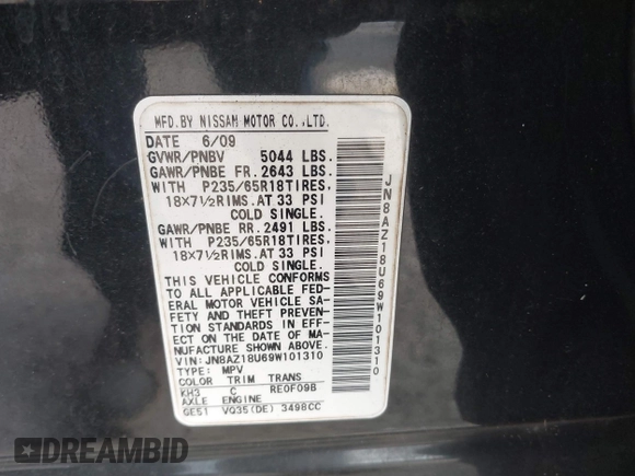 2009 Nissan Murano SL with VIN JN8AZ18U69W101310, listed as a IAAI auction lot 41912974 with 126,321 mi miles and . Bid and sale history available at carsss.com. Image 9.