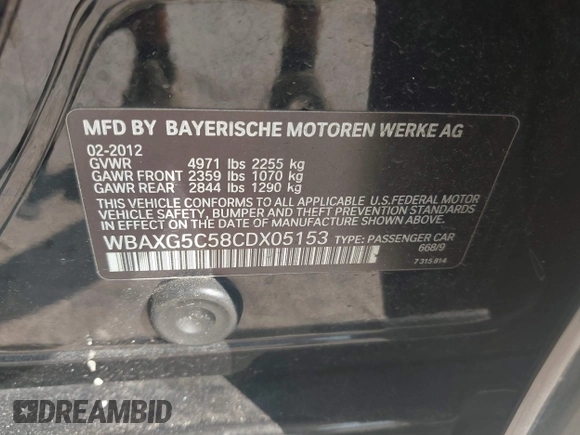 2012 BMW 5 Series 528i with VIN WBAXG5C58CDX05153, listed as a IAAI auction lot 42196906 with 120,652 mi miles. Bid and sale history available at carsss.com. Image 9.