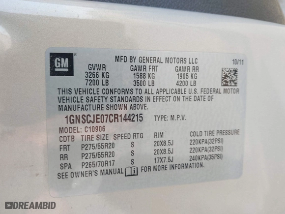 2012 Chevrolet Suburban LT with VIN 1GNSCJE07CR144215, listed as a IAAI auction lot 41924631 with 144,072 mi miles. Bid and sale history available at carsss.com. Image 9.