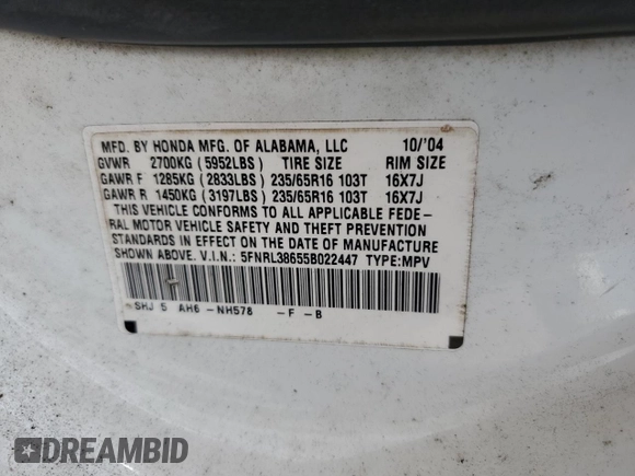 2005 Honda Odyssey EX-L with VIN 5FNRL38655B022447, listed as a Copart auction lot 50907325 with 170,604 mi miles and Salvage Title. Bid and sale history available at carsss.com. Image 13.