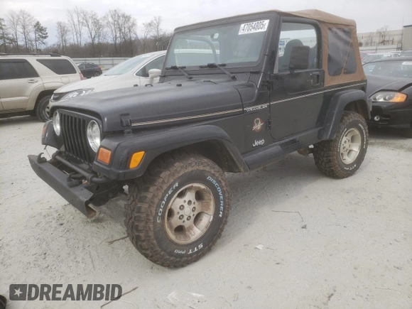 2002 Jeep Wrangler Sahara with VIN 1J4FA59S42P720513, listed as a Copart auction lot 47054805 with 190,922 mi miles and Salvage title. Bid and sale history available at DreamBid. Image 1.