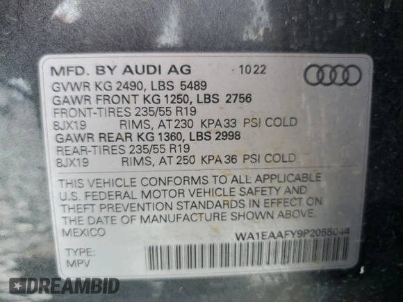 2023 Audi Q5 S line Premium Plus with VIN WA1EAAFY9P2055044, listed as a Copart auction lot 63425165 with 58,805 mi miles and Clean title. Bid and sale history available at DreamBid. Image 13.