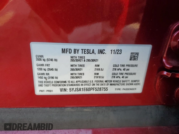 2023 Tesla Model S Plaid с VIN 5YJSA1E60PF528755, выставлен на аукционе Copart как лот 43385815 с пробегом 17 406 миль миль и Списание • Salvage title. История ставок и продаж доступна на DreamBid. Изображение 12.