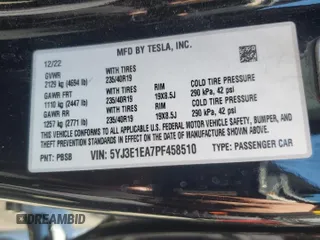 2023 Tesla Model 3 с VIN 5YJ3E1EA7PF458510, выставлен на аукционе Copart как лот 63921795 с пробегом 70 726 миль миль и Списание • Salvage title. История ставок и продаж доступна на DreamBid. Изображение 12.