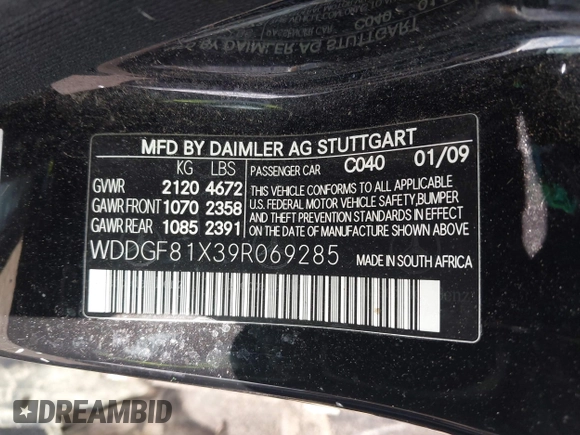 2009 Mercedes-Benz C 300 Sport with VIN WDDGF81X39R069285, listed as a IAAI auction lot 42754975 with 133,489 mi miles and . Bid and sale history available at DreamBid. Image 9.