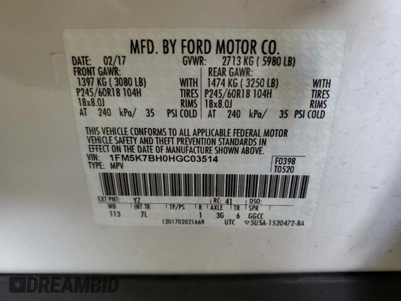 2017 Ford Explorer with VIN 1FM5K7BH0HGC03514, listed as a Copart auction lot 56995945 with 115,043 mi miles and Salvage title. Bid and sale history available at DreamBid. Image 13.