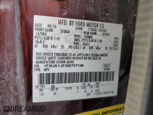 2011 Ford Expedition Max XLT with VIN 1FMJK1J51BEF07148, listed as a Copart auction lot 49863435 with 178,311 mi miles and Salvage title. Bid and sale history available at DreamBid. Image 13.
