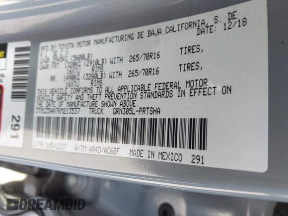 2019 Toyota Tacoma SR with VIN 3TMCZ5AN7KM213537, listed as a IAAI auction lot 42442068 with 39,969 mi miles and . Bid and sale history available at DreamBid. Image 9.