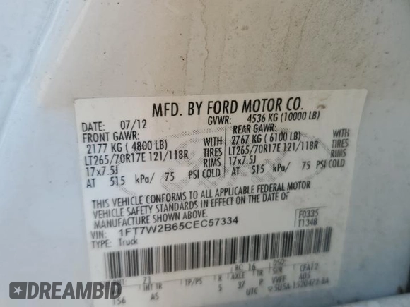 2012 Ford F-250 XL with VIN 1FT7W2B65CEC57334, listed as a Copart auction lot 55618775 with 132,095 mi miles and Clean title. Bid and sale history available at DreamBid. Image 12.