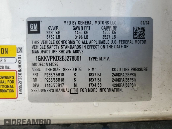 2014 GMC Acadia SLE z VIN 1GKKVPKD2EJ278861, wystawiony jako Copart lot #55664025 z przebiegiem 132 397 mil mil oraz Szkoda całkowita • Salvage title. Historia ofert i sprzedaży dostępna na DreamBid. Obrazek 13.