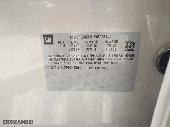 2015 Chevrolet Malibu LS with VIN 1G11B5SL2FF234349, listed as a IAAI auction lot 41995360 with 181,940 mi miles. Bid and sale history available at carsss.com. Image 9.