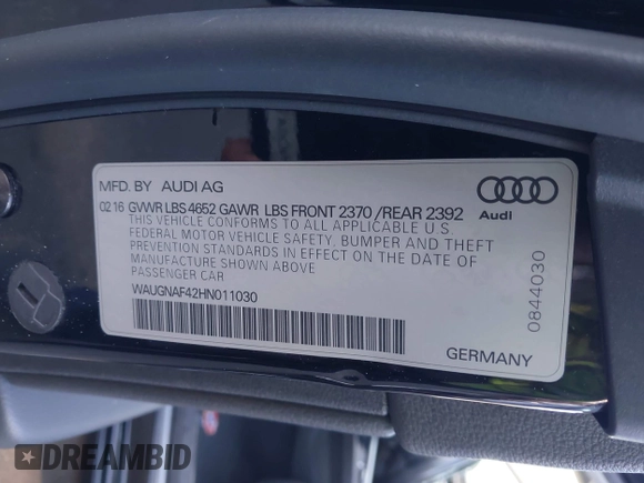 2017 Audi A4 Premium with VIN WAUGNAF42HN011030, listed as a IAAI auction lot 42674588 with 62,802 mi miles and . Bid and sale history available at DreamBid. Image 9.