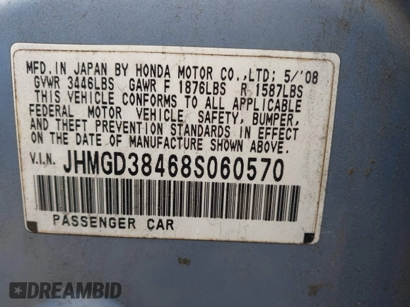 2008 Honda Fit with VIN JHMGD38468S060570, listed as a IAAI auction lot 42016018 with 133,574 mi miles. Bid and sale history available at carsss.com. Image 9.