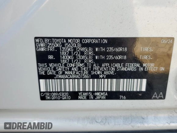 2024 Toyota bZ4X XLE with VIN JTMABACA8RA073861, listed as a Copart auction lot 50030475 with 6,465 mi miles and Salvage Title. Bid and sale history available at DreamBid. Image 14.