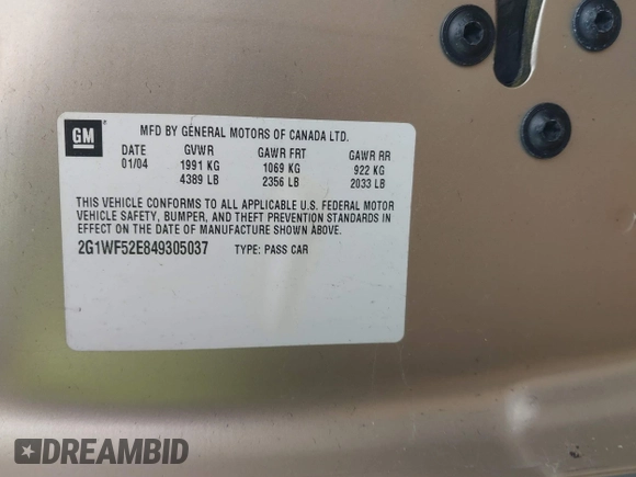 2004 Chevrolet Impala with VIN 2G1WF52E849305037, listed as a IAAI auction lot 41602555 with 59,997 mi miles and . Bid and sale history available at DreamBid. Image 9.