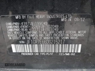 2013 Subaru WRX WRX with VIN JF1GR7E66DG215217, listed as a IAAI auction lot 40821483 with 108,295 mi miles and . Bid and sale history available at DreamBid. Image 9.