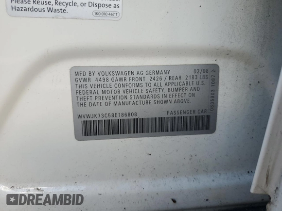 2008 Volkswagen Passat Turbo z VIN WVWJK73C58E186808, wystawiony jako Copart lot #72097784 z przebiegiem 131 500 mil mil oraz Szkoda całkowita • Salvage title. Historia ofert i sprzedaży dostępna na DreamBid. Obrazek 12.