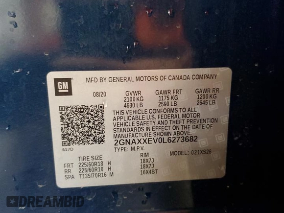 2020 Chevrolet Equinox Premier z VIN 2GNAXXEV0L6273682, wystawiony jako Copart lot #55155065 z przebiegiem 71 754 mil mil oraz Szkoda całkowita • Salvage title. Historia ofert i sprzedaży dostępna na DreamBid. Obrazek 13.