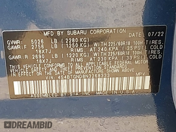 2022 Subaru Outback Limited XT with VIN 4S4BTGND8N3268333, listed as a IAAI auction lot 42505441 with 29,747 mi miles and . Bid and sale history available at DreamBid. Image 9.