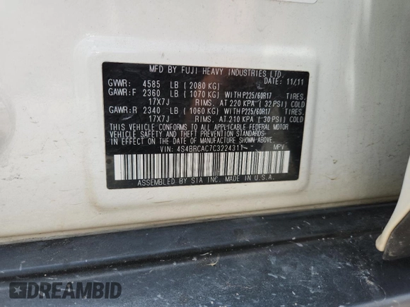 2012 Subaru Outback 2.5i with VIN 4S4BRCAC7C3224311, listed as a Copart auction lot 62985925 with 142,030 mi miles and Salvage title. Bid and sale history available at DreamBid. Image 13.