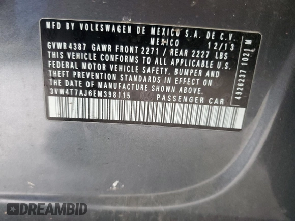 2014 Volkswagen Jetta GLI z VIN 3VW4T7AJ6EM398115, wystawiony jako Copart lot #89179925 z przebiegiem 81 264 mil mil oraz Szkoda całkowita • Salvage title. Historia ofert i sprzedaży dostępna na DreamBid. Obrazek 14.