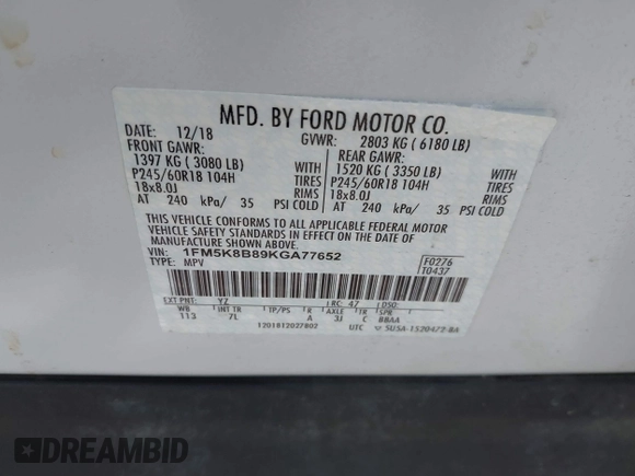 2019 Ford Explorer с VIN 1FM5K8B89KGA77652, выставлен на аукционе IAAI как лот 42644249 с пробегом 99 130 миль миль и . История ставок и продаж доступна на DreamBid. Изображение 9.