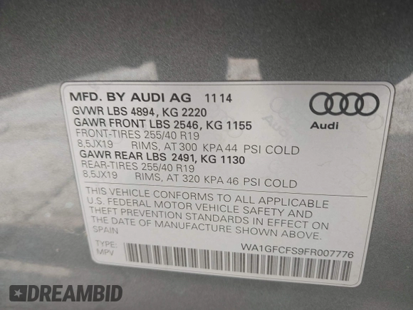 2015 Audi Q3 Prestige with VIN WA1GFCFS9FR007776, listed as a IAAI auction lot 42126928 with 110,981 mi miles and . Bid and sale history available at DreamBid. Image 9.