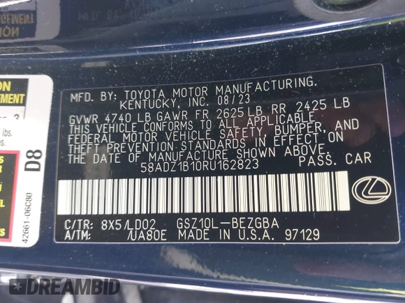 2024 Lexus ES with VIN 58ADZ1B10RU162823, listed as a IAAI auction lot 41951967 with 9,274 mi miles. Bid and sale history available at carsss.com. Image 9.