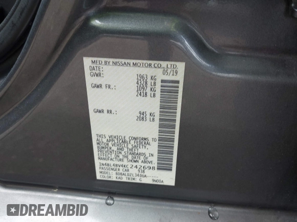 2019 Nissan Altima S z VIN 1N4BL4BV4KC242698, wystawiony jako IAAI lot #42093686 z przebiegiem Nie podano mil oraz . Historia ofert i sprzedaży dostępna na DreamBid. Obrazek 9.