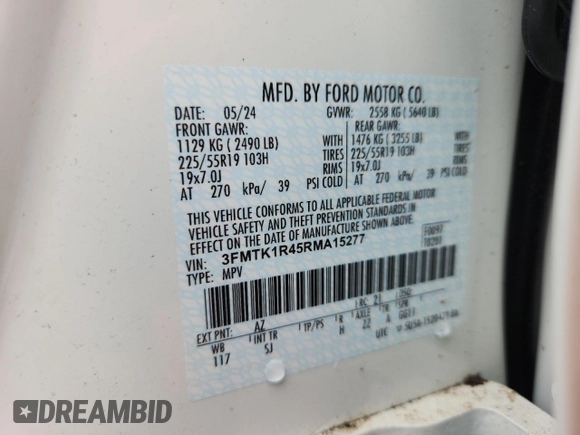 2024 Ford Mustang Mach-E Select with VIN 3FMTK1R45RMA15277, listed as a Copart auction lot 61598805 with Not provided miles and Clean title. Bid and sale history available at DreamBid. Image 13.