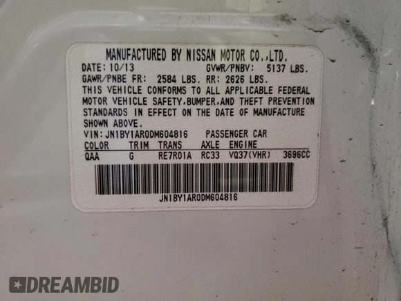 2013 Infiniti M37 with VIN JN1BY1AR0DM604816, listed as a Copart auction lot 85498034 with 126,807 mi miles and Salvage Title. Bid and sale history available at carsss.com. Image 12.