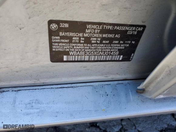 2016 BMW 3 Series 328i xDrive with VIN WBA8E3G5XGNU01458, listed as a Copart auction lot 44866565 with 61,786 mi miles and Salvage Title. Bid and sale history available at carsss.com. Image 14.