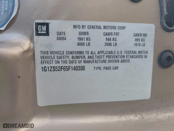 2005 Chevrolet Malibu with VIN 1G1ZS52F65F140308, listed as a IAAI auction lot 41759060 with 63,598 mi miles. Bid and sale history available at carsss.com. Image 9.