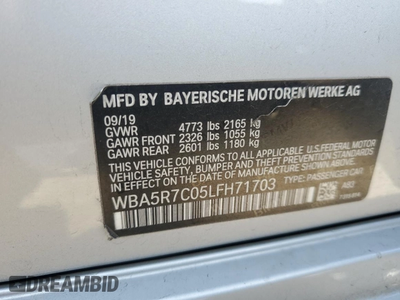 2020 BMW 3 Series 330i xDrive with VIN WBA5R7C05LFH71703, listed as a Copart auction lot 44063915 with Not Provided miles and Salvage Title. Bid and sale history available at DreamBid. Image 12.