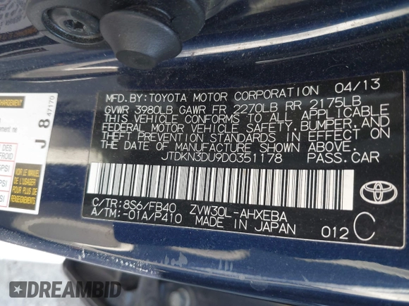 2013 Toyota Prius One with VIN JTDKN3DU9D0351178, listed as a IAAI auction lot 41705786 with 98,524 mi miles. Bid and sale history available at carsss.com. Image 9.