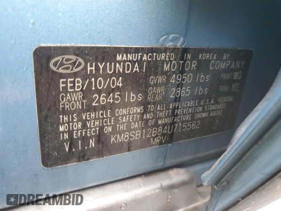 2004 Hyundai Santa Fe with VIN KM8SB12B84U715562, listed as a Copart auction lot 72620004 with 148,416 mi miles and Salvage Title. Bid and sale history available at carsss.com. Image 12.