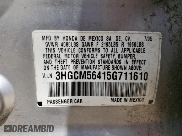 2005 Honda Accord LX with VIN 3HGCM56415G711610, listed as a Copart auction lot 61601425 with 106,728 mi miles and Salvage title. Bid and sale history available at DreamBid. Image 12.