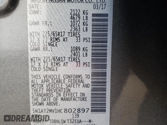 2017 Nissan Rogue SL with VIN 5N1AT2MV1HC802897, listed as a Copart auction lot 54335765 with 62,358 mi miles and Salvage Title. Bid and sale history available at carsss.com. Image 13.