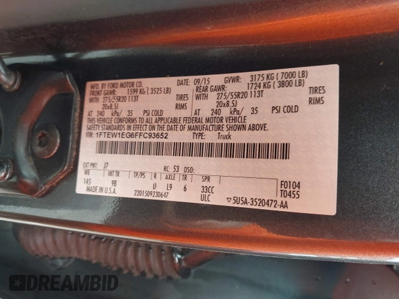 2015 Ford F-150 XLT with VIN 1FTEW1EG6FFC93652, listed as a IAAI auction lot 42058924 with 158,956 mi miles and . Bid and sale history available at DreamBid. Image 9.