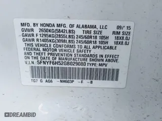 2016 Honda Pilot EX-L with VIN 5FNYF6H52GB029080, listed as a IAAI auction lot 41875412 with 127,697 mi miles. Bid and sale history available at carsss.com. Image 9.