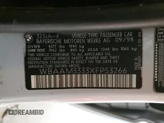 1999 BMW 3 Series 323i with VIN WBAAM3333XFP53266, listed as a Copart auction lot 76636154 with 87,179 mi miles and Salvage Title. Bid and sale history available at carsss.com. Image 14.