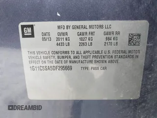2013 Chevrolet Malibu LT with VIN 1G11C5SA5DF295669, listed as a IAAI auction lot 41683460 with 205,639 mi miles and . Bid and sale history available at DreamBid. Image 9.