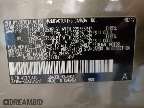 2012 Toyota RAV4 Limited with VIN 2T3DK4DV1CW087481, listed as a Copart auction lot 61366225 with 138,385 mi miles and Salvage title. Bid and sale history available at DreamBid. Image 13.
