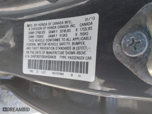 2013 Honda Civic Sdn LX with VIN 2HGFB2F59DH524429, listed as a IAAI auction lot 42114834 with 280,101 mi miles. Bid and sale history available at carsss.com. Image 9.